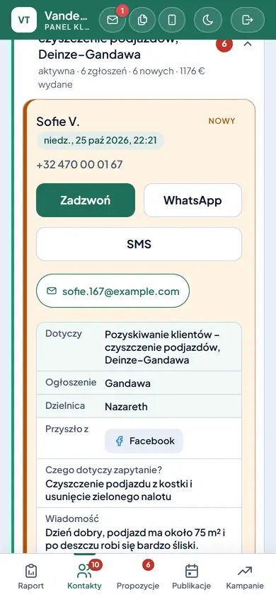 Contact card in the app with a call button