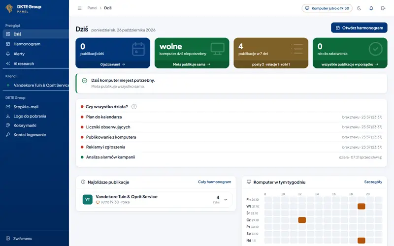 DKTE panel: all clients, posts and alerts in one view